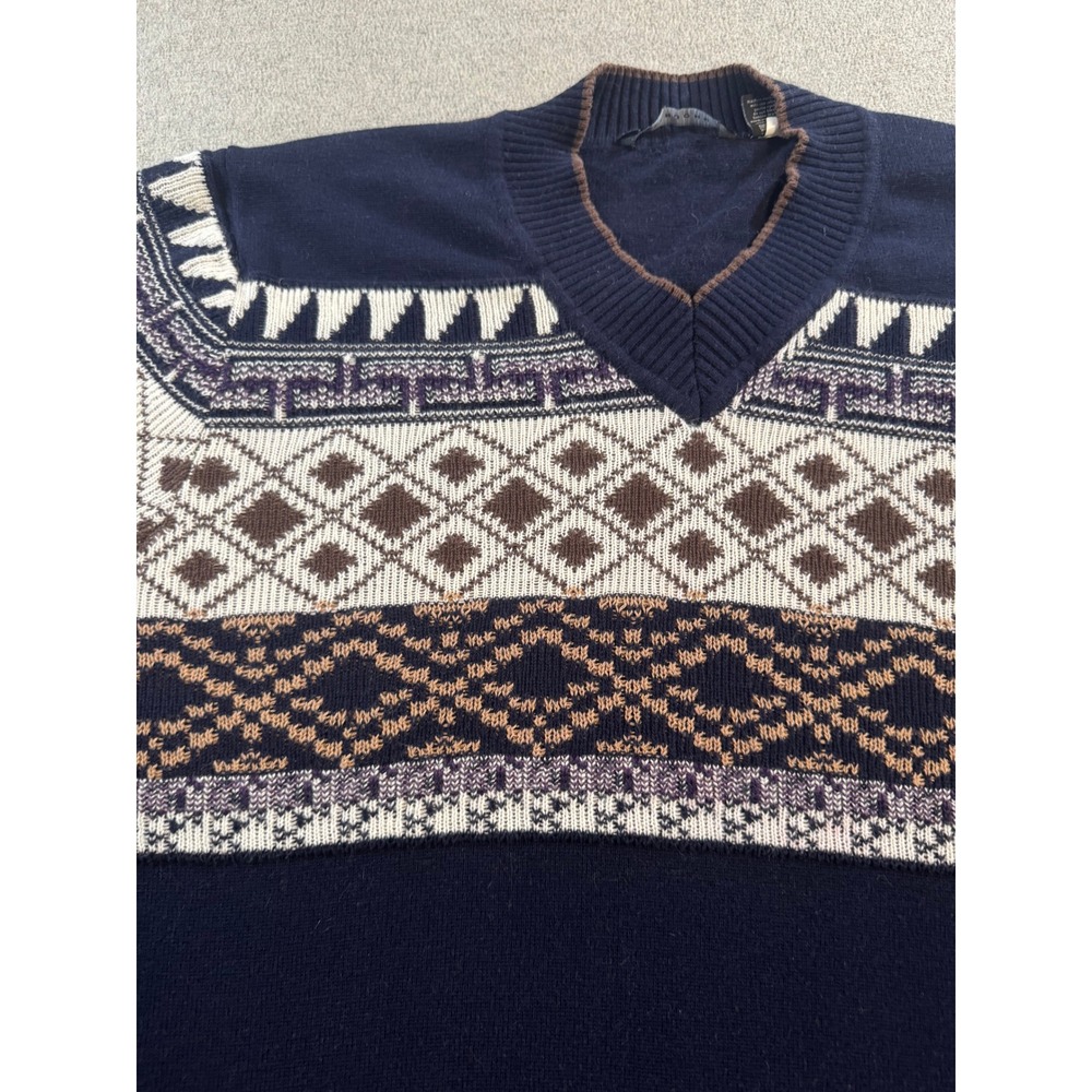 Sean John V Neck Sweater Mens 3XL Navy Blue Good Fair Isle Geometric Pullover - Picture 4 of 11